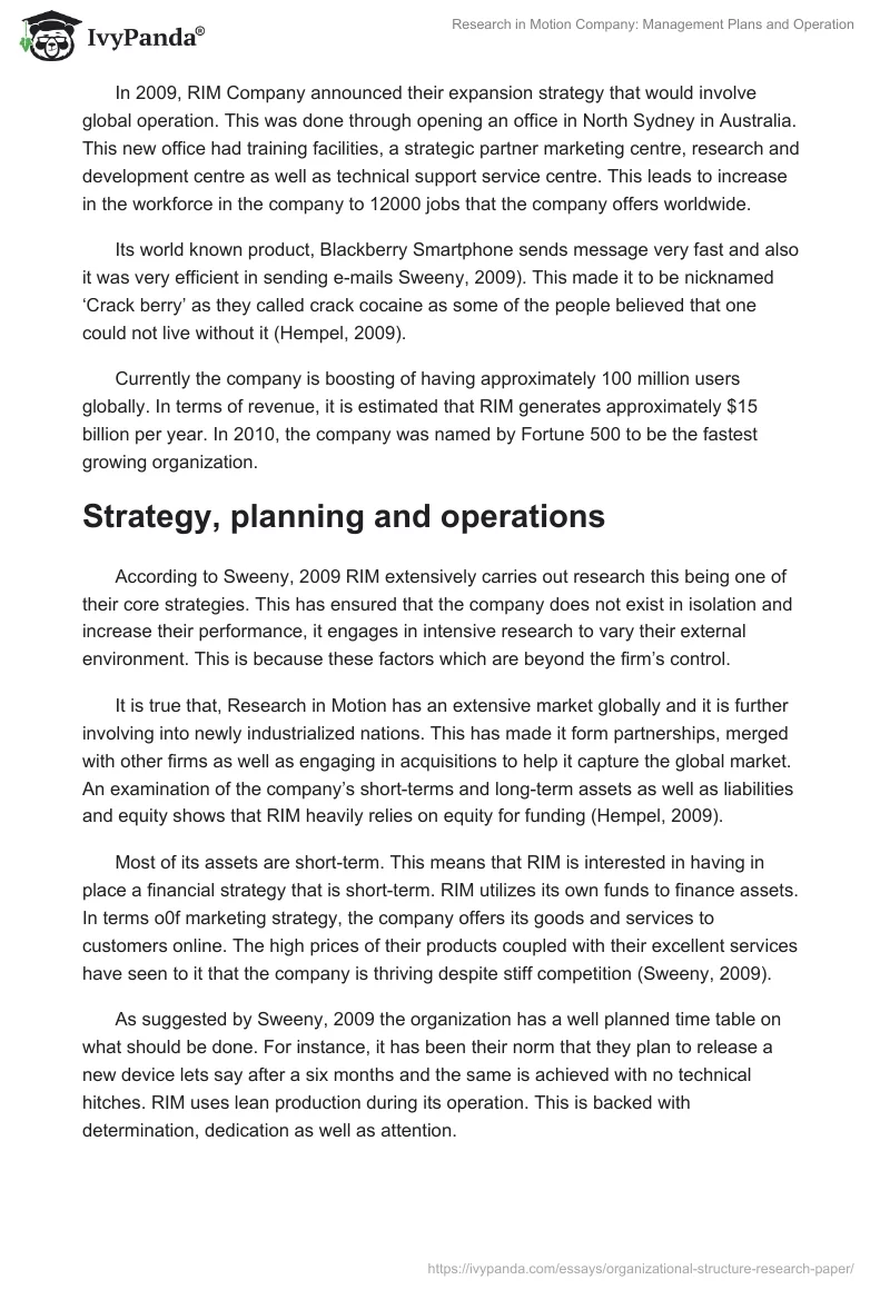 Research in Motion Company: Management Plans and Operation. Page 2