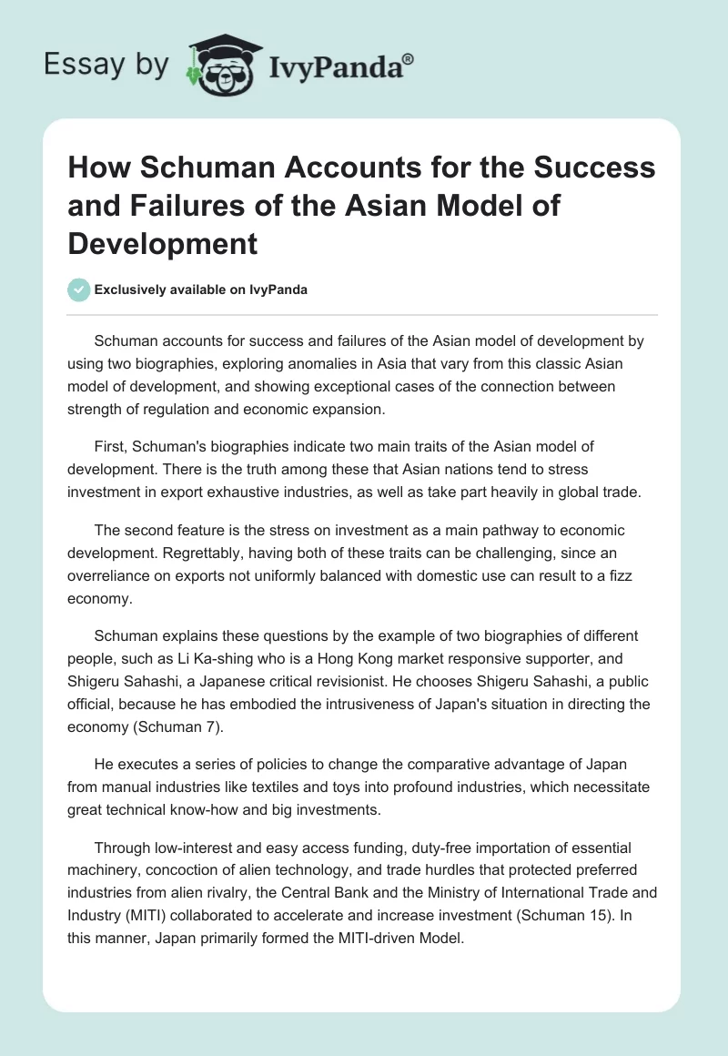 How Schuman Accounts for the Success and Failures of the Asian Model of Development. Page 1
