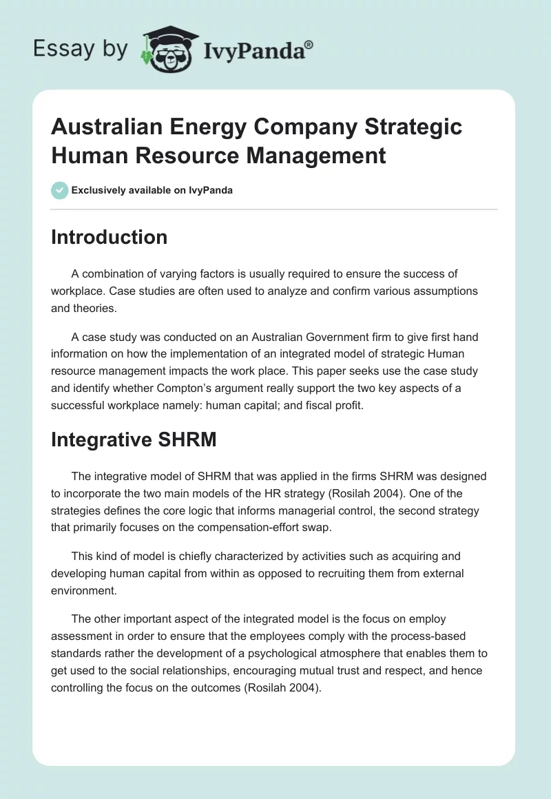 Australian Energy Company Strategic Human Resource Management. Page 1