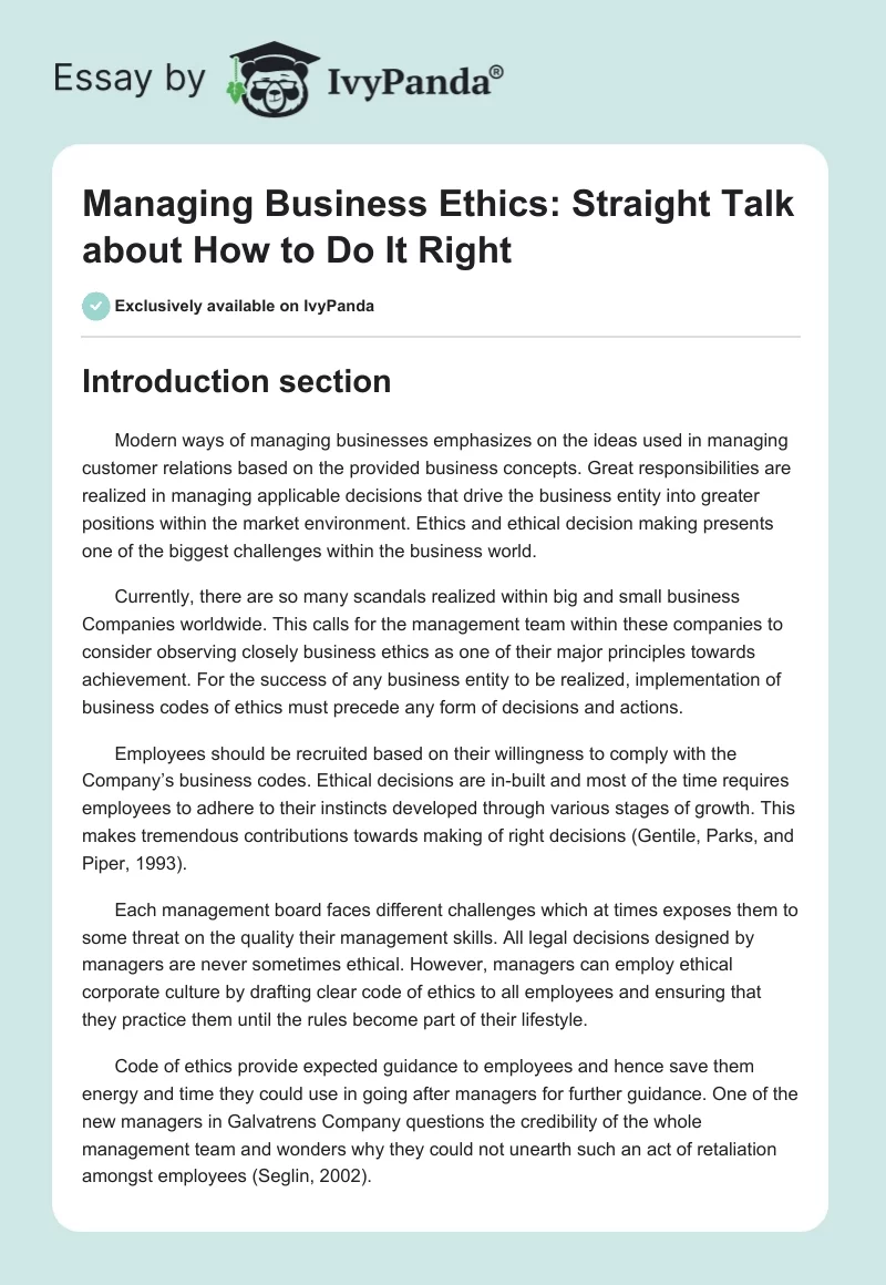 Managing Business Ethics: Straight Talk about How to Do It Right. Page 1