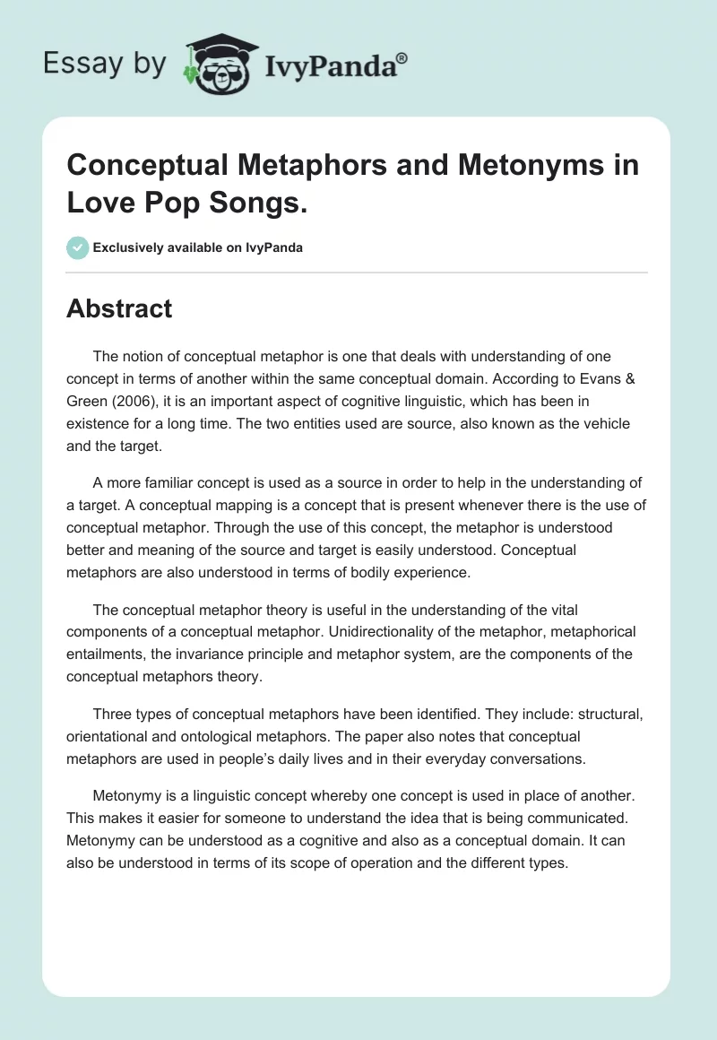 Conceptual Metaphors and Metonyms in Love Pop Songs.. Page 1