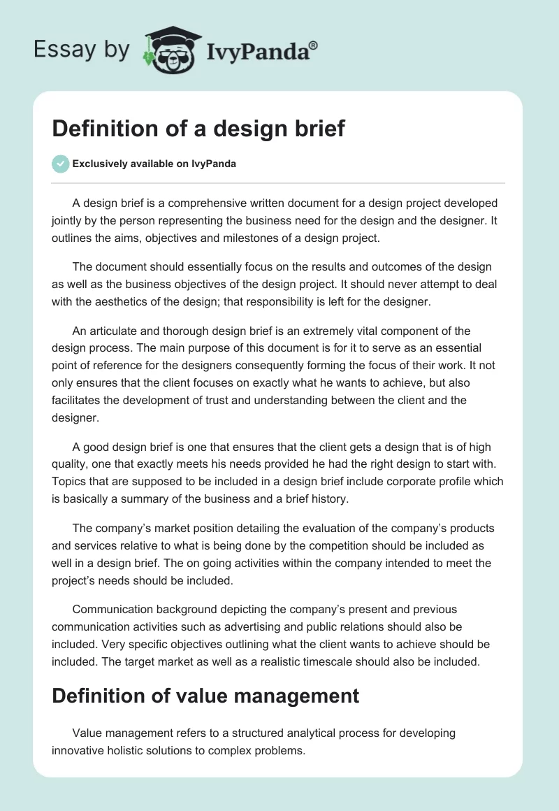 Definition of a design brief. Page 1