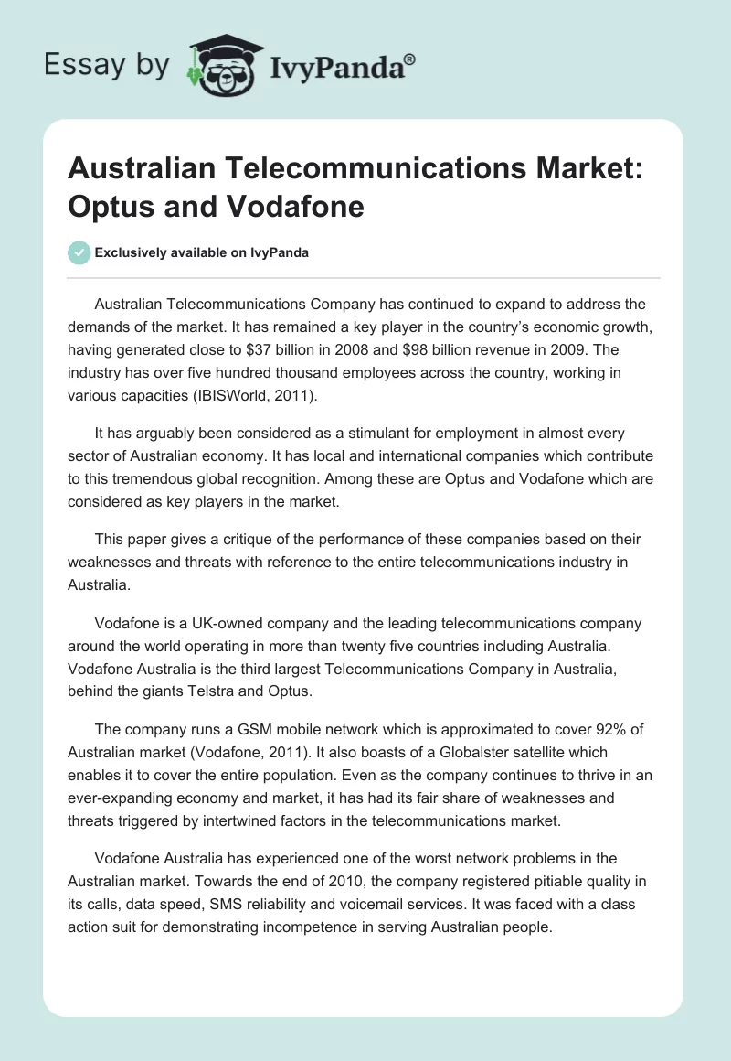 Australian Telecommunications Market: Optus and Vodafone. Page 1