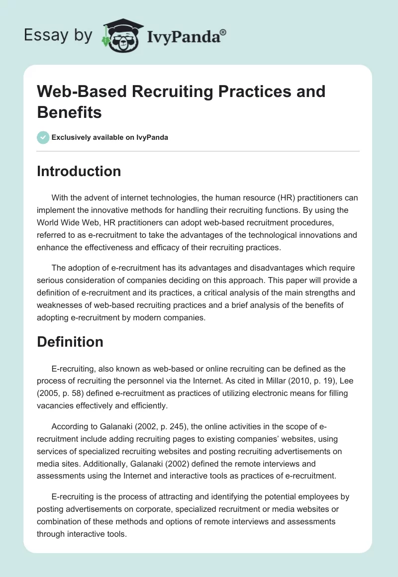 Web-Based Recruiting Practices and Benefits. Page 1