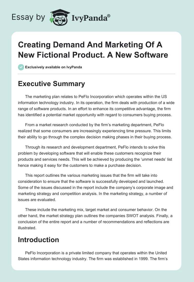 Creating Demand And Marketing Of A New Fictional Product. A New Software. Page 1