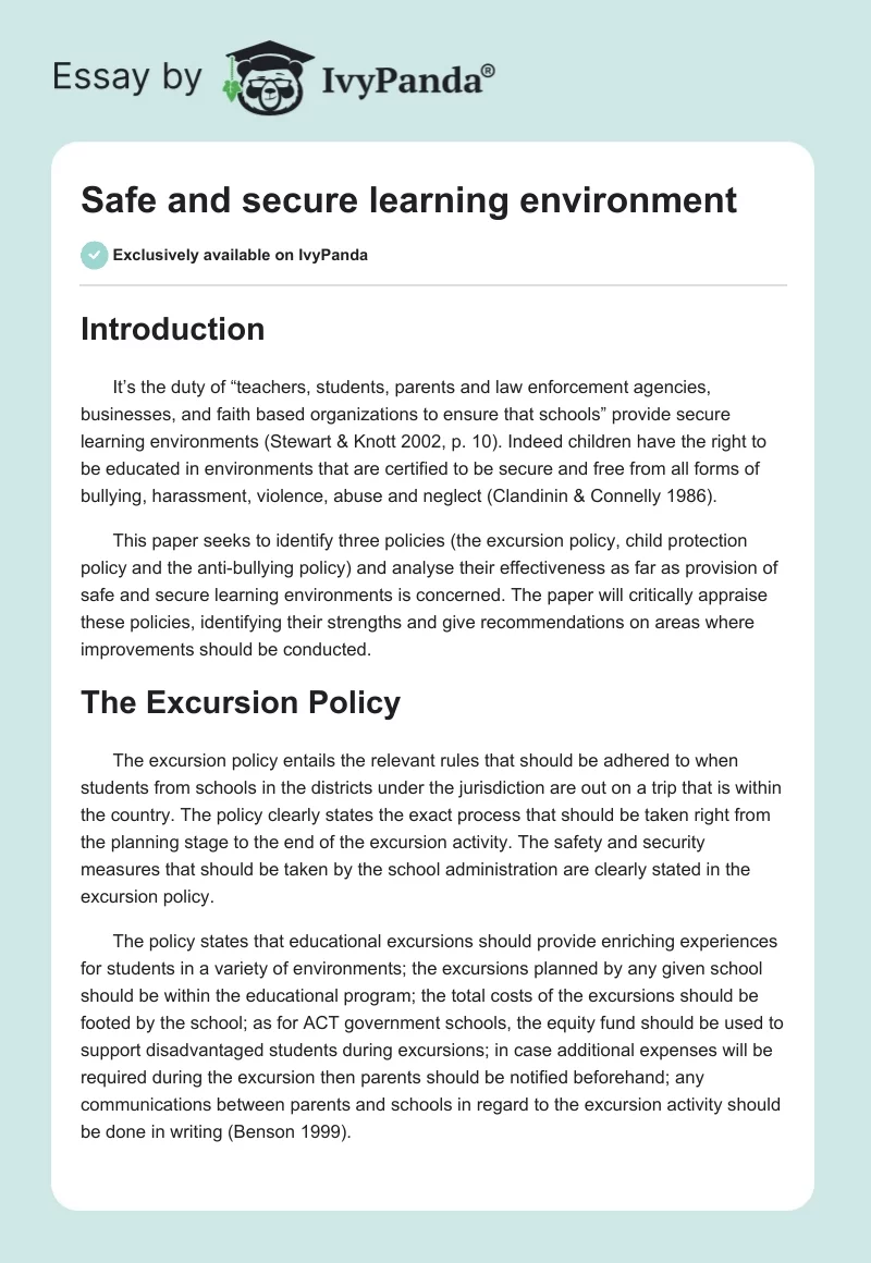 Safe and Secure Learning Environment. Page 1