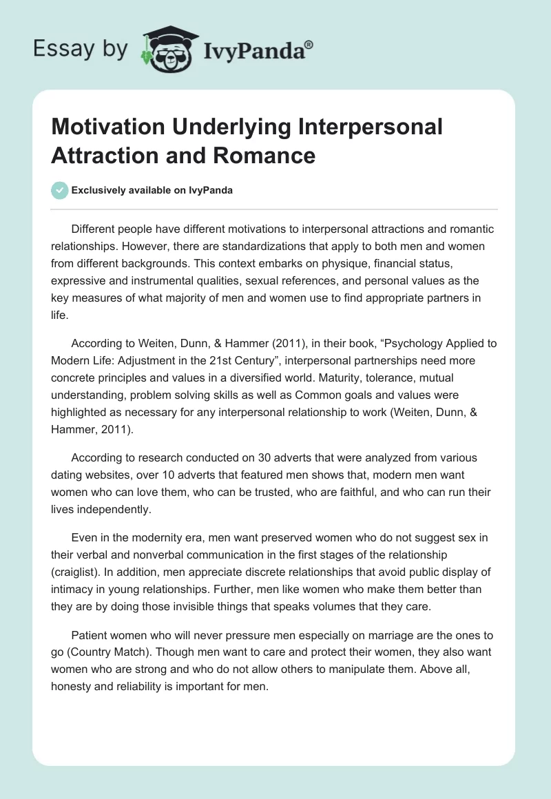 Motivation Underlying Interpersonal Attraction and Romance. Page 1