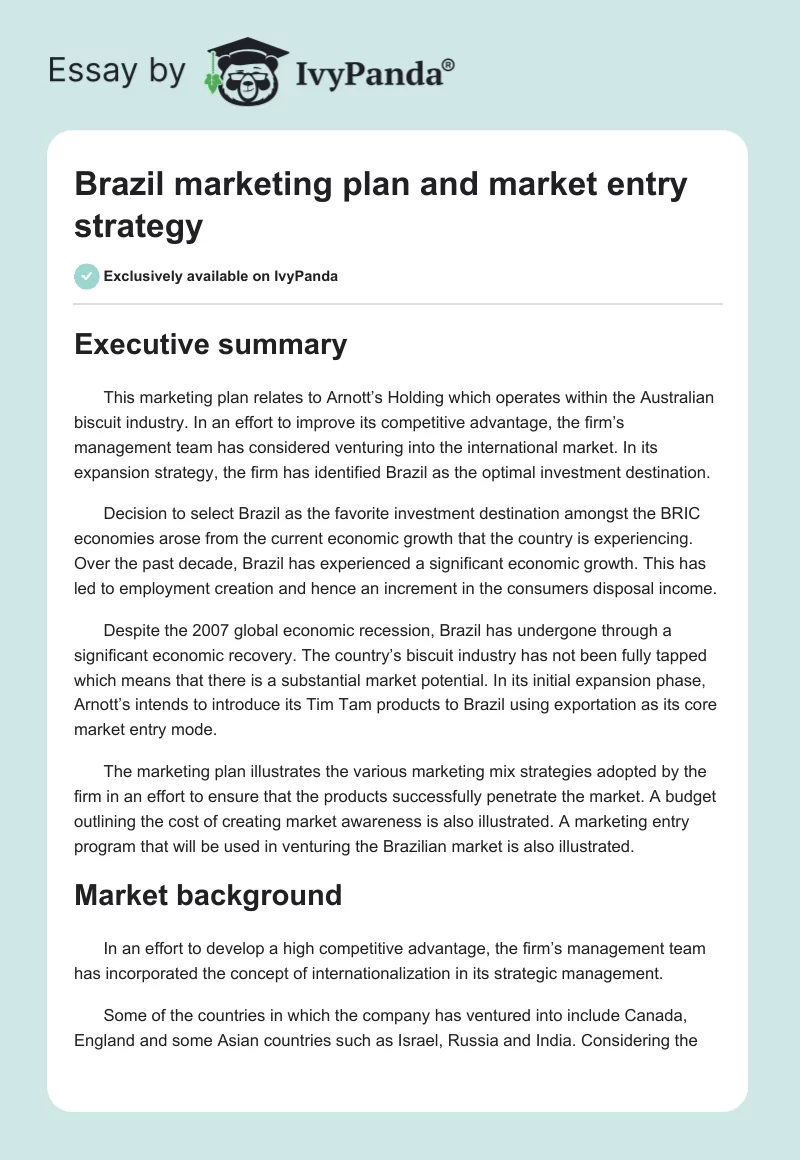 Brazil marketing plan and market entry strategy. Page 1