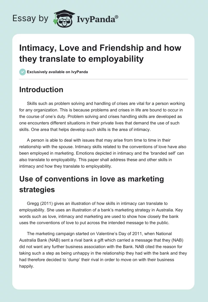 Intimacy, Love and Friendship and how they translate to employability. Page 1