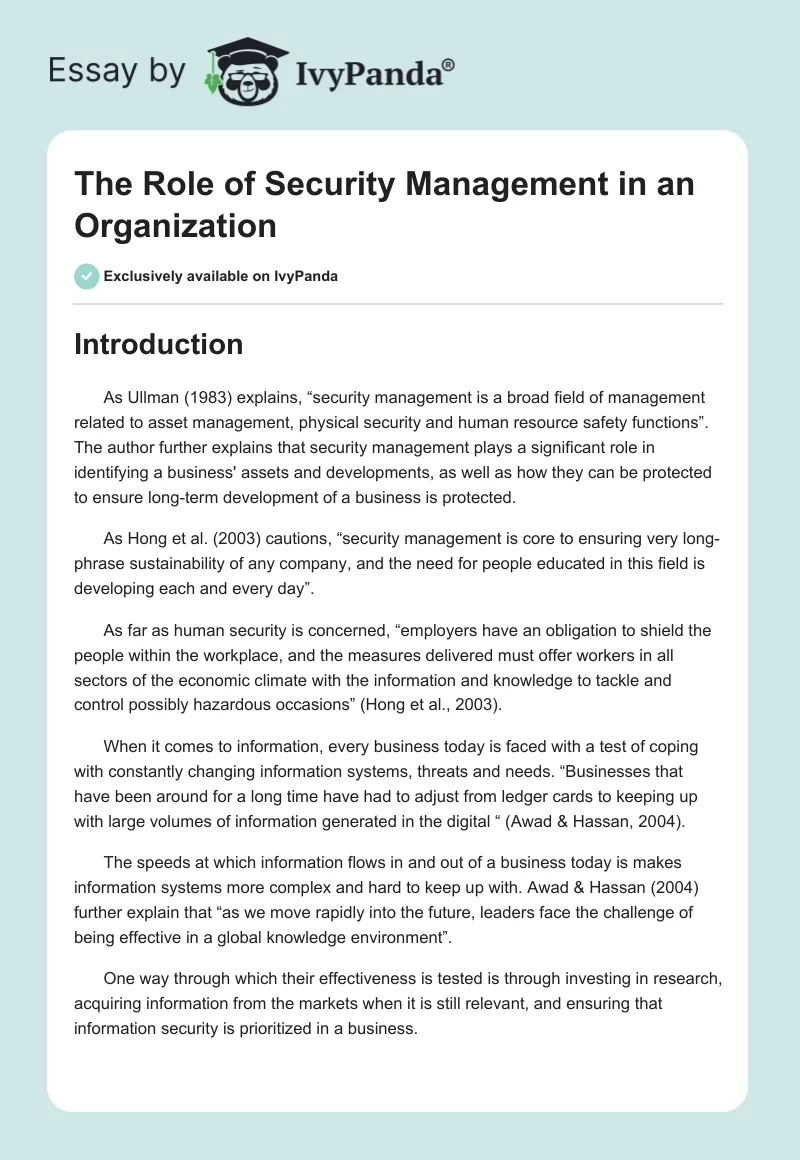 The Role of Security Management in an Organization. Page 1