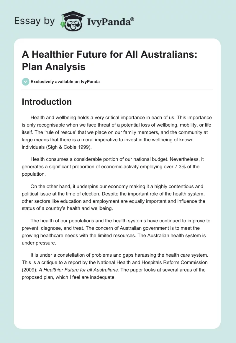 A Healthier Future for All Australians: Plan Analysis. Page 1