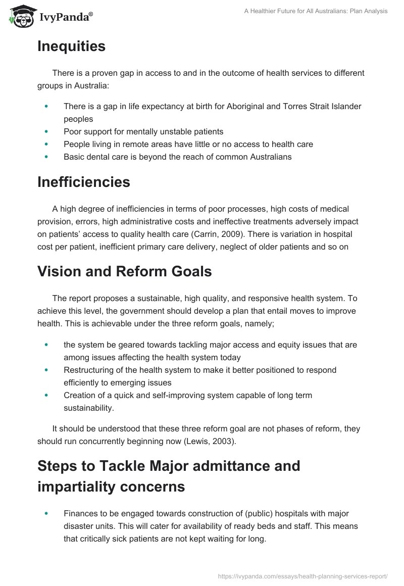 A Healthier Future for All Australians: Plan Analysis. Page 3