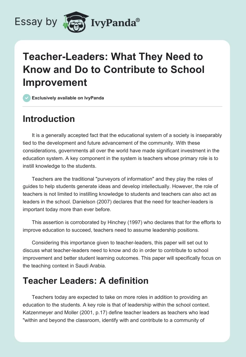 Teacher-Leaders: What They Need to Know and Do to Contribute to School Improvement. Page 1