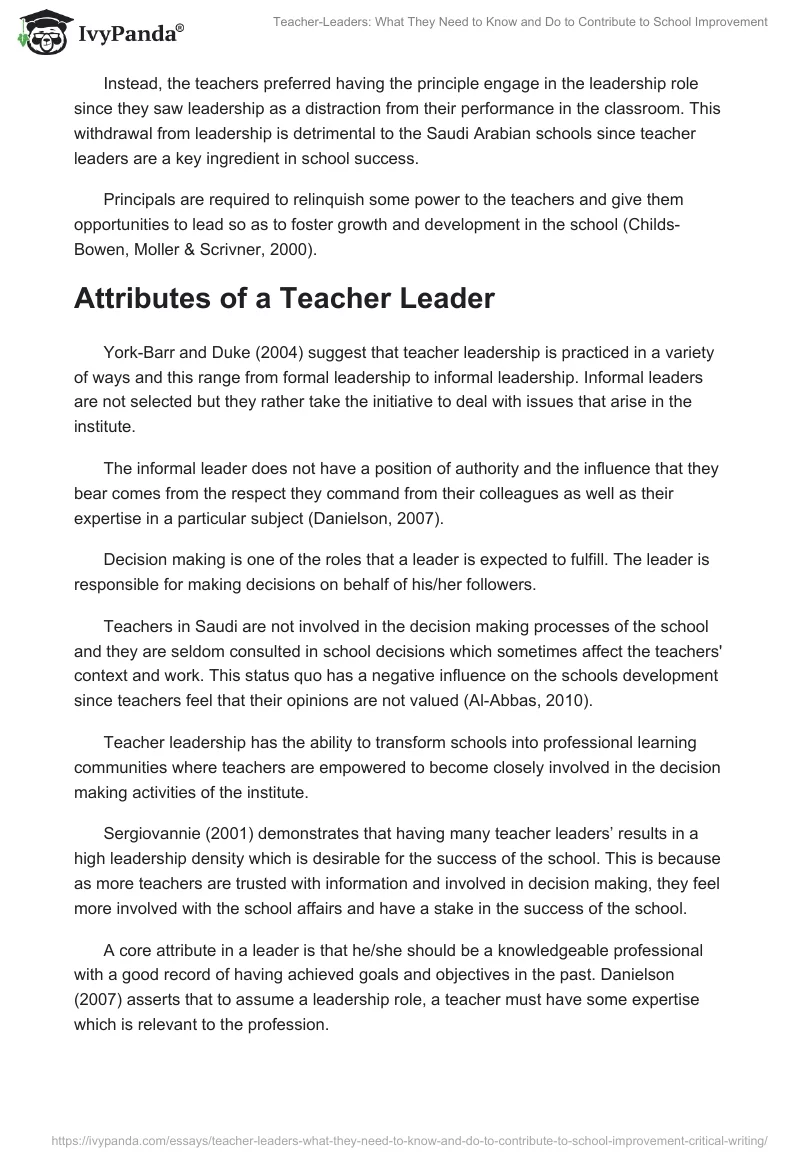 Teacher-Leaders: What They Need to Know and Do to Contribute to School Improvement. Page 4