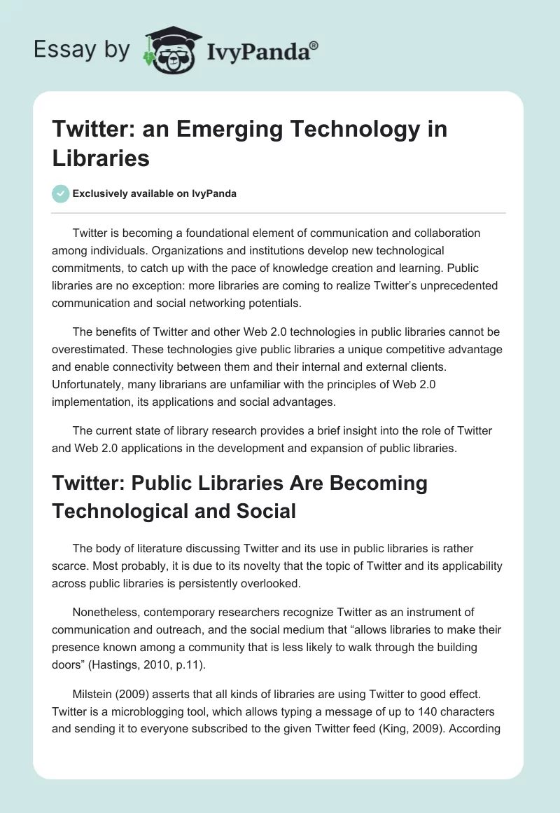 Twitter: An Emerging Technology in Libraries. Page 1
