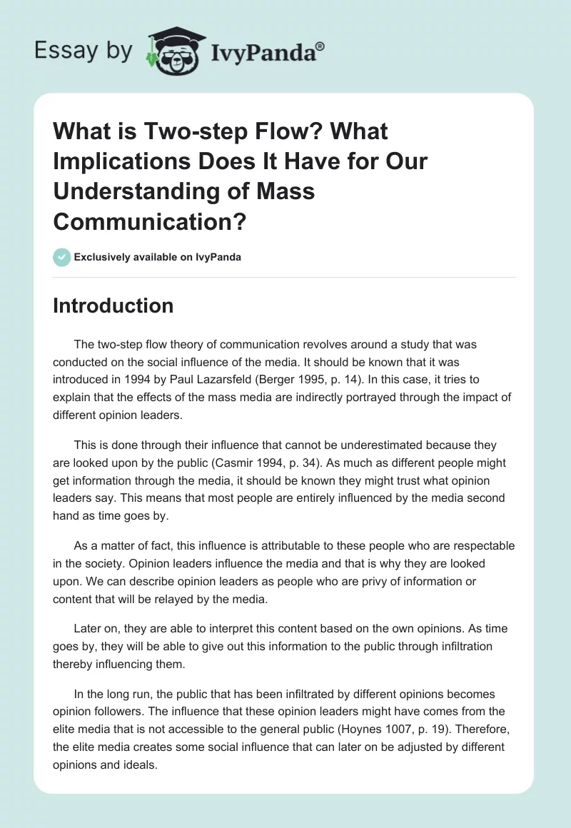 What is "Two-step Flow"? What Implications Does It Have for Our Understanding of Mass Communication?. Page 1