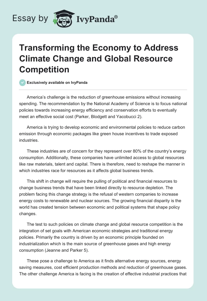 Transforming the Economy to Address Climate Change and Global Resource Competition. Page 1