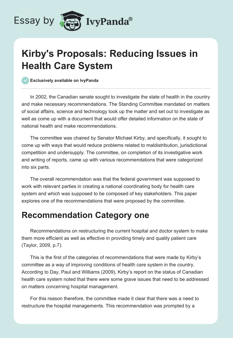Kirby's Proposals: Reducing Issues in Health Care System. Page 1
