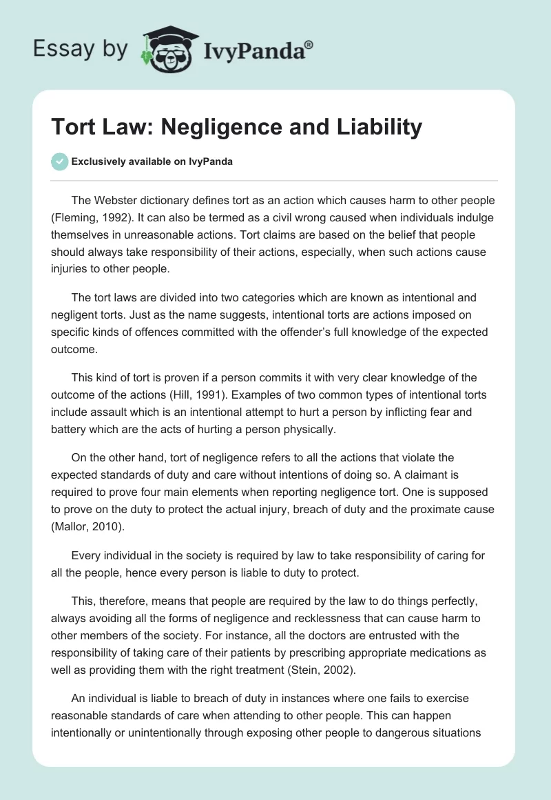 Tort Law: Negligence and Liability. Page 1