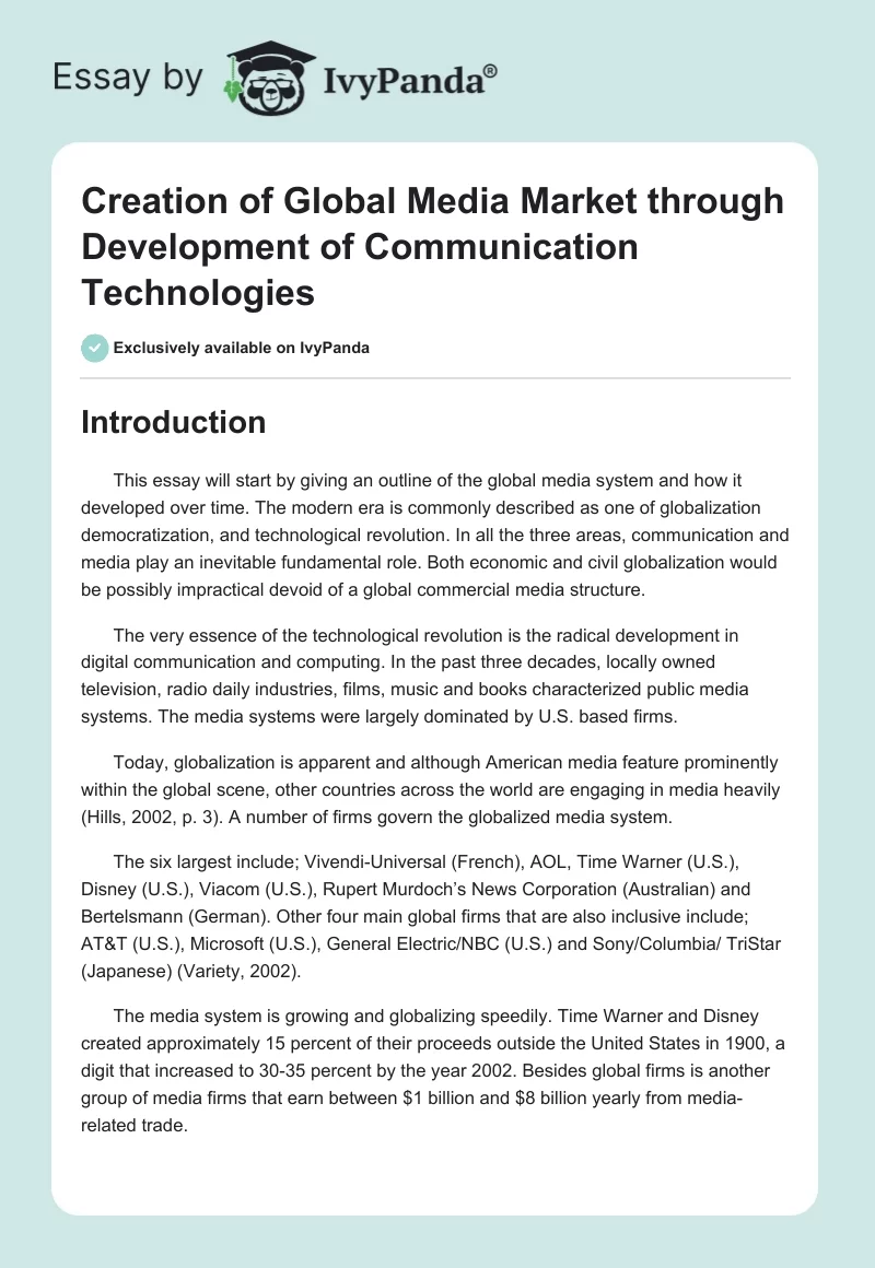 Creation of Global Media Market through Development of Communication Technologies. Page 1