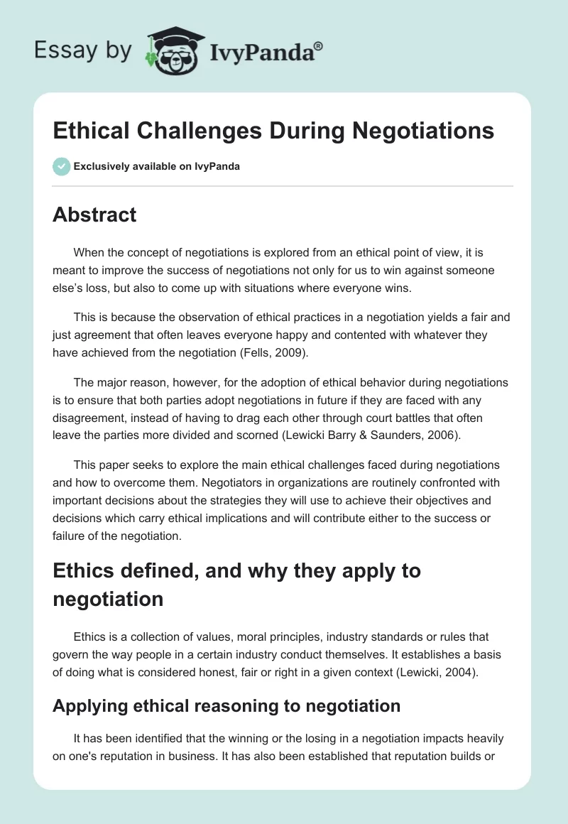 Ethical Challenges During Negotiations. Page 1