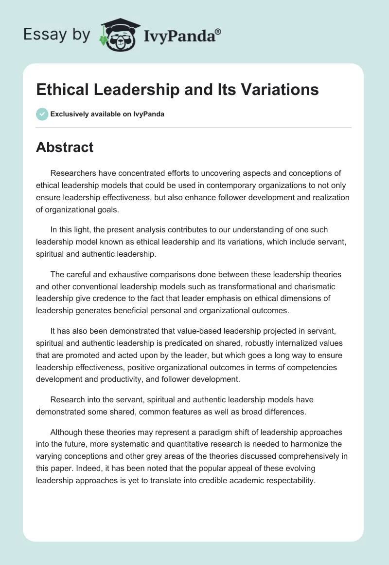 Ethical Leadership and Its Variations. Page 1
