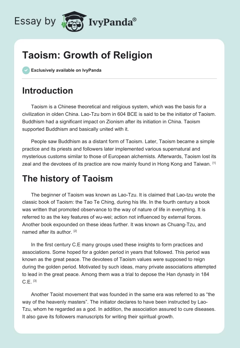 Taoism: Growth of Religion. Page 1