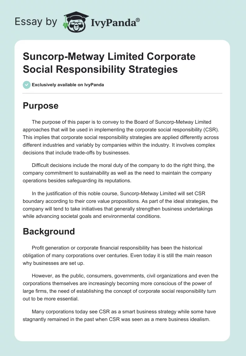 Suncorp-Metway Limited Corporate Social Responsibility Strategies. Page 1