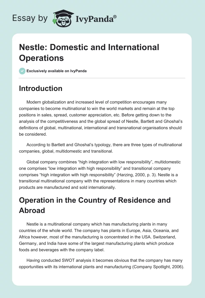 Nestle: Domestic and International Operations. Page 1