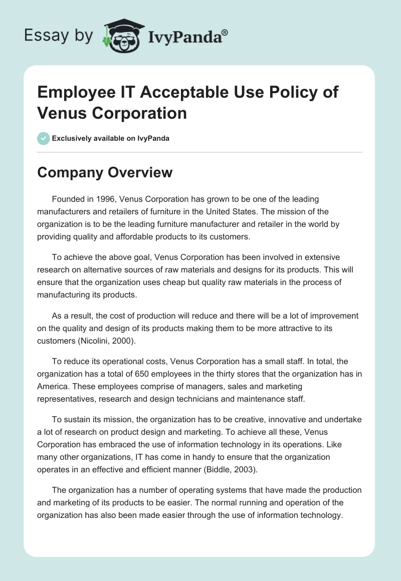 Employee IT Acceptable Use Policy of Venus Corporation. Page 1