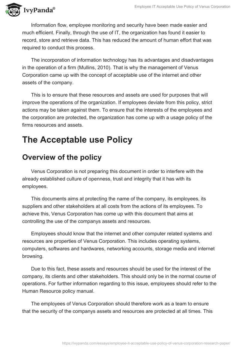 Employee IT Acceptable Use Policy of Venus Corporation. Page 2