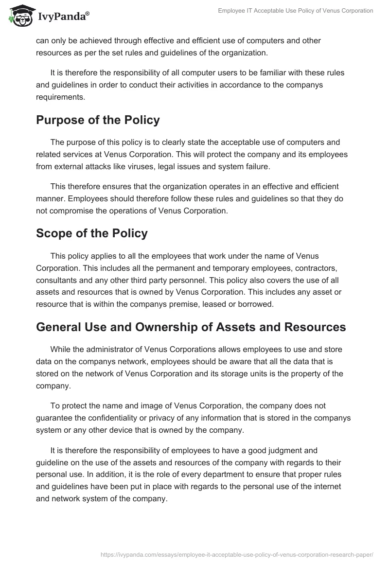 Employee IT Acceptable Use Policy of Venus Corporation. Page 3