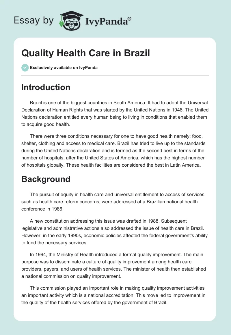 Quality Health Care in Brazil. Page 1