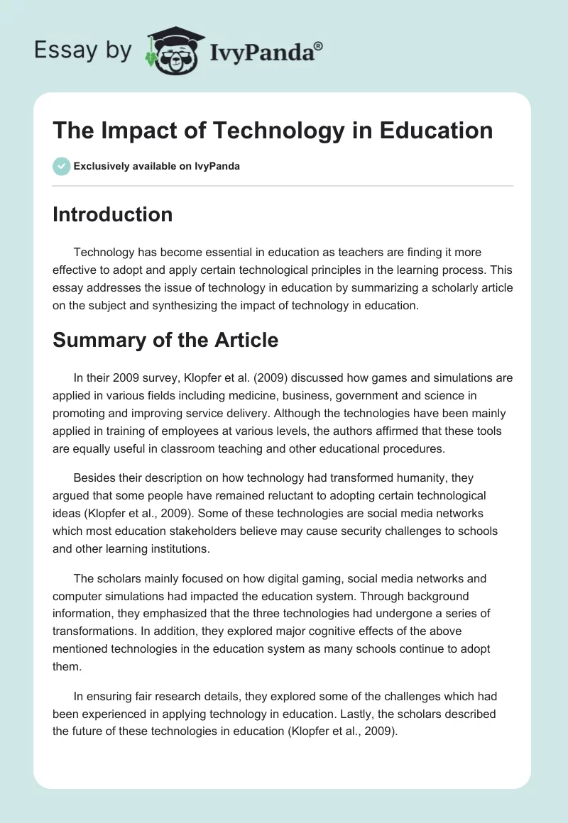 use of technology in education essay pdf