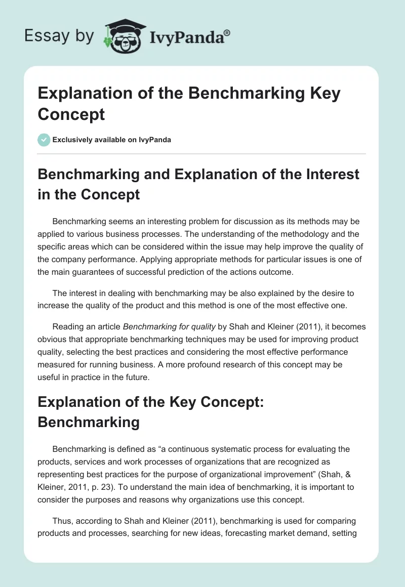 Explanation of the Benchmarking Key Concept. Page 1