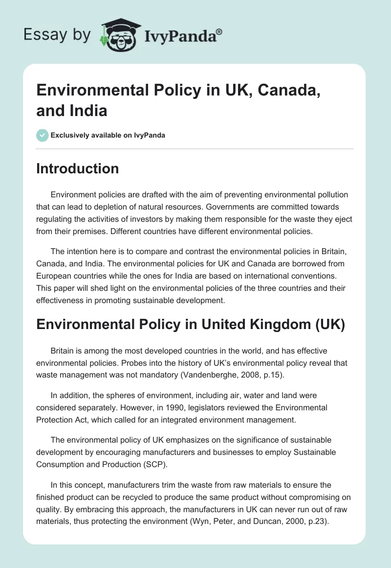Environmental Policy in UK, Canada, and India. Page 1