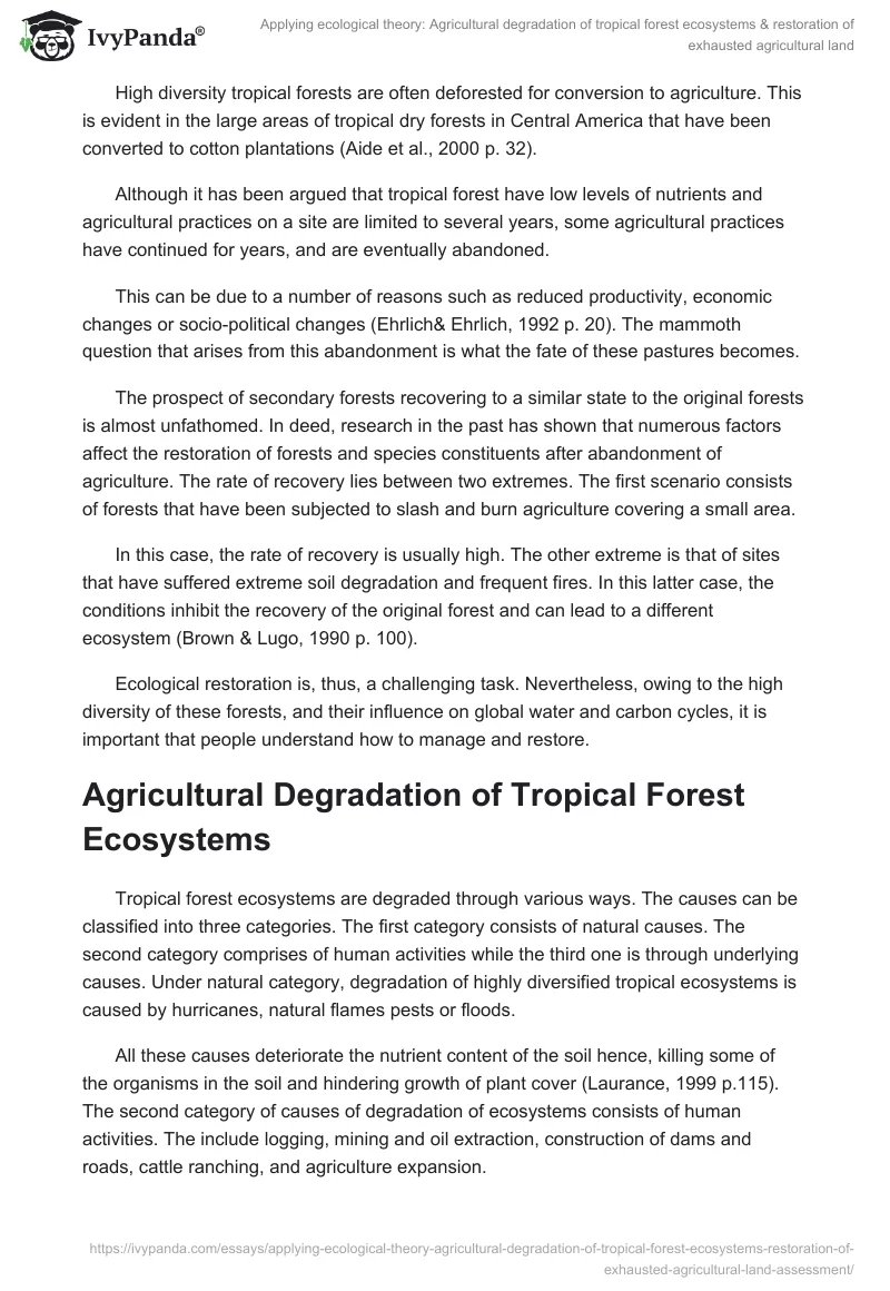 Applying Ecological Theory: Agricultural Degradation of Tropical Forest Ecosystems & Restoration of Exhausted Agricultural Land. Page 2