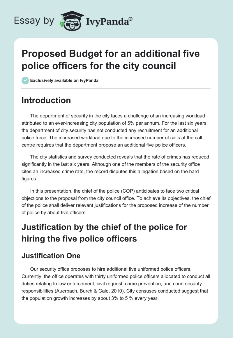 Proposed Budget for an Additional Five Police Officers for the City Council. Page 1