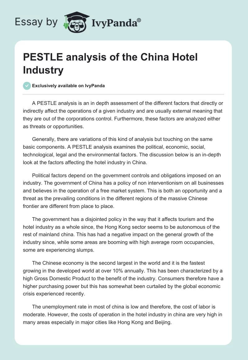 PESTLE analysis of the China Hotel Industry. Page 1