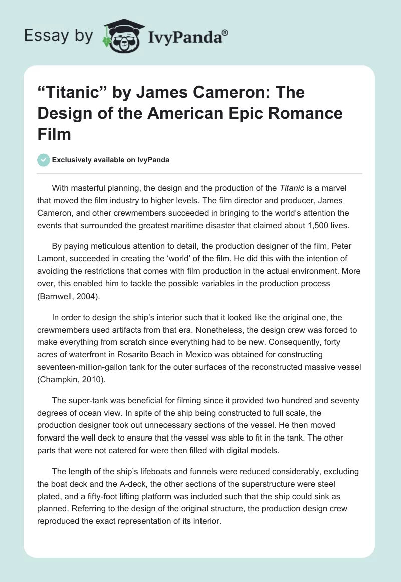 “Titanic” by James Cameron: The Design of the American Epic Romance Film. Page 1