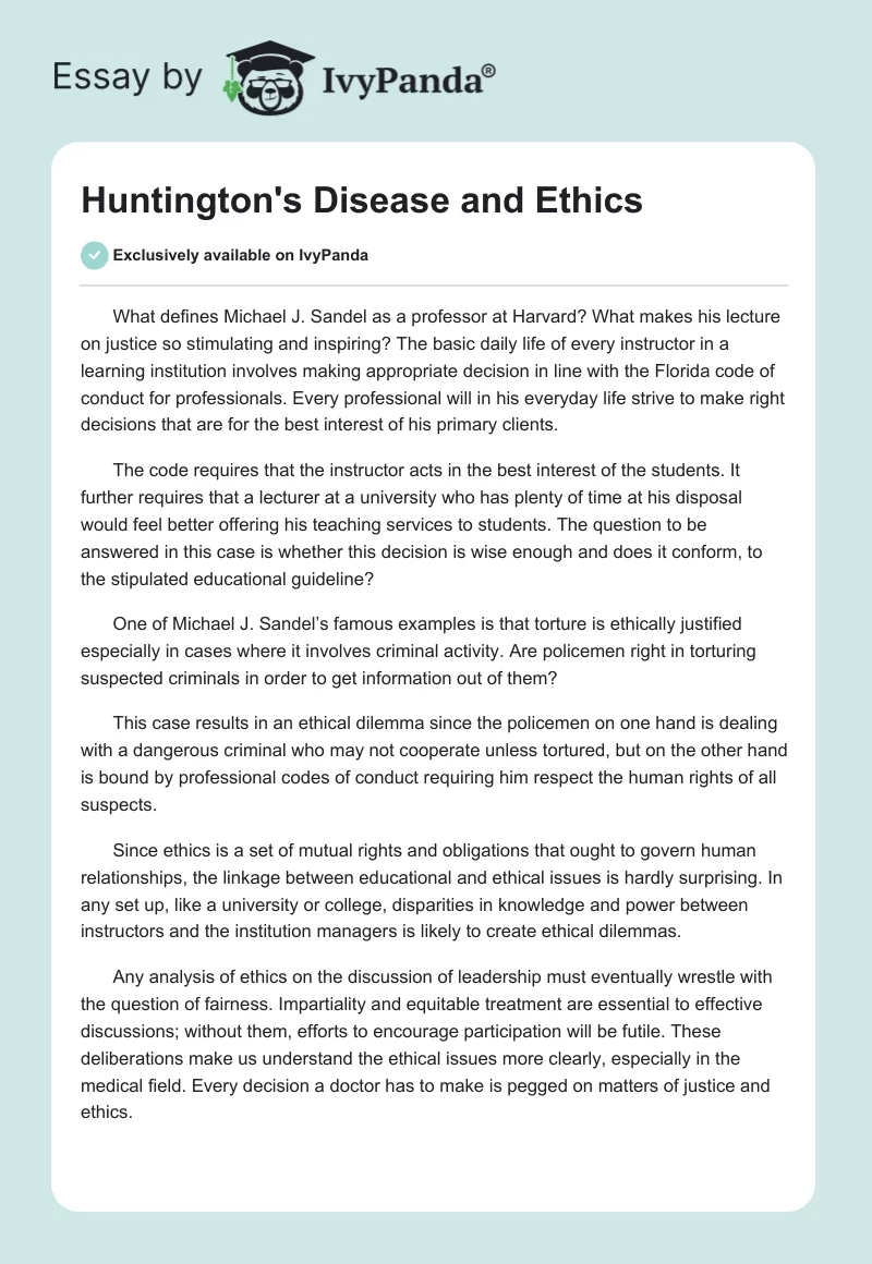 Huntington's Disease and Ethics. Page 1
