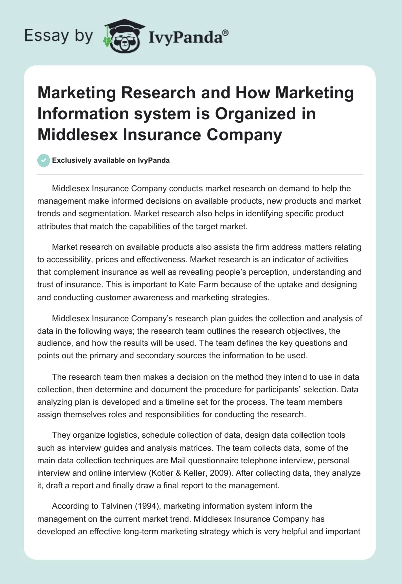 Marketing Research and How Marketing Information system is Organized in Middlesex Insurance Company. Page 1