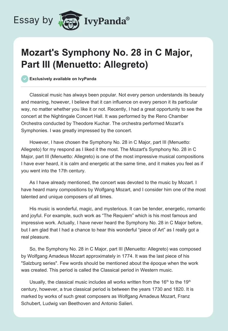 Mozart's Symphony No. 28 in C Major, Part III (Menuetto: Allegreto). Page 1