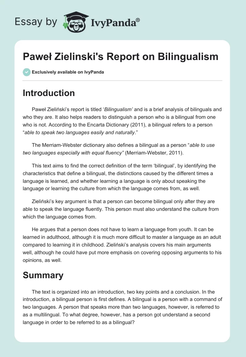 Paweł Zielinski's Report on Bilingualism. Page 1