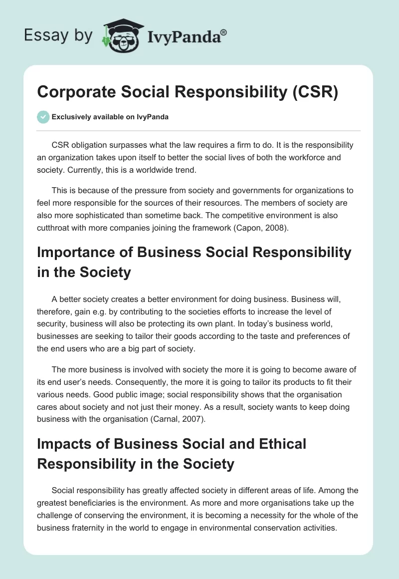 Corporate Social Responsibility (CSR). Page 1