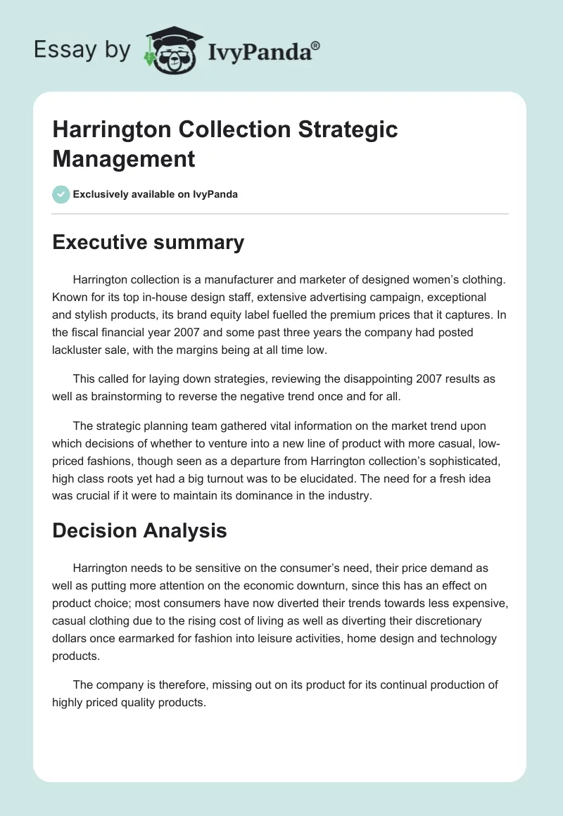 Harrington Collection Strategic Management. Page 1