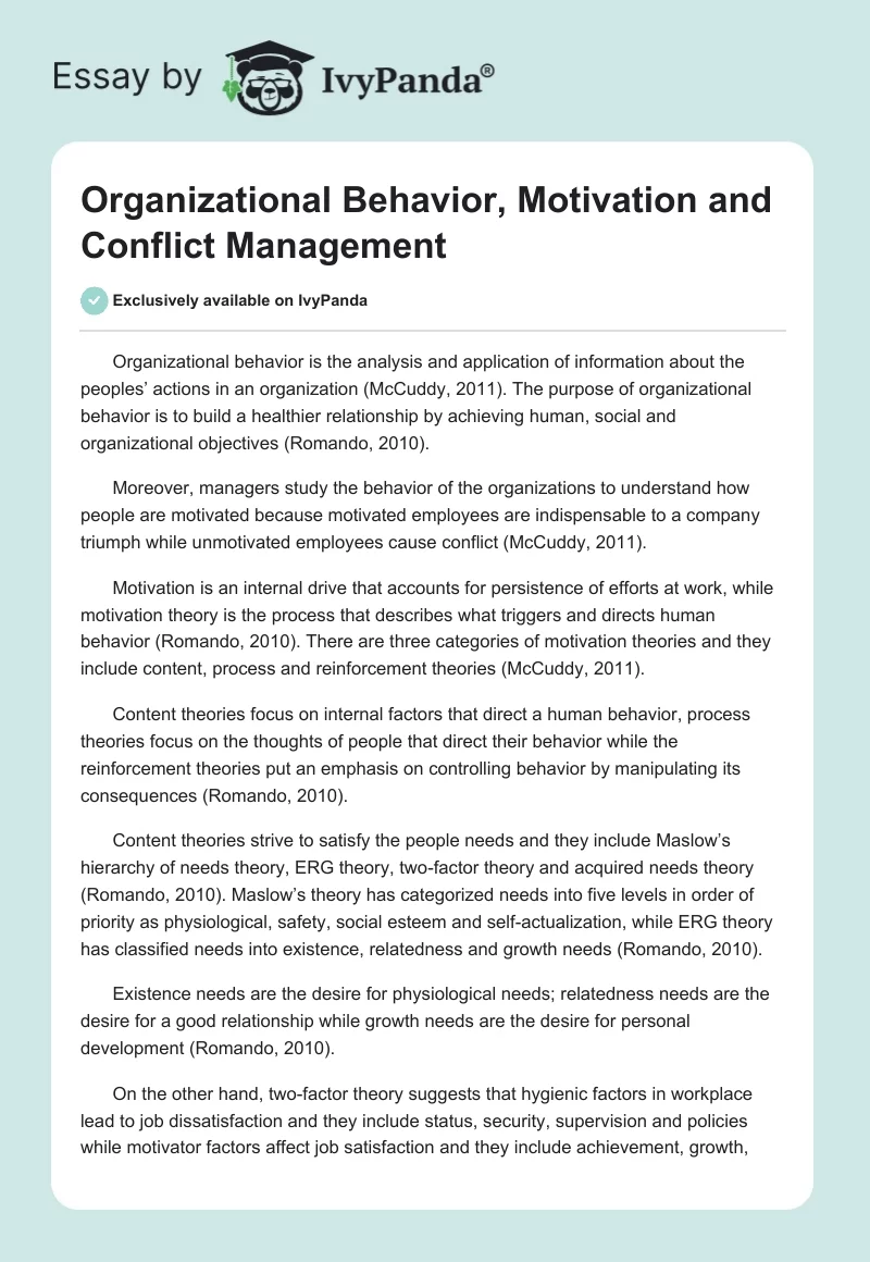Organizational Behavior, Motivation and Conflict Management. Page 1