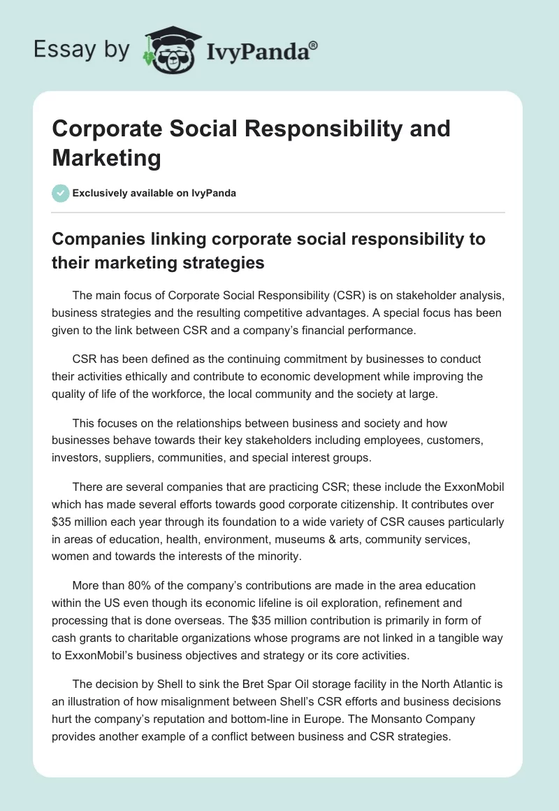 Corporate Social Responsibility and Marketing. Page 1