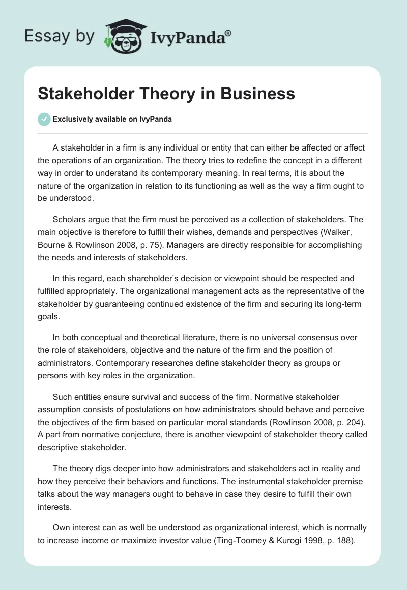 Stakeholder Theory in Business. Page 1