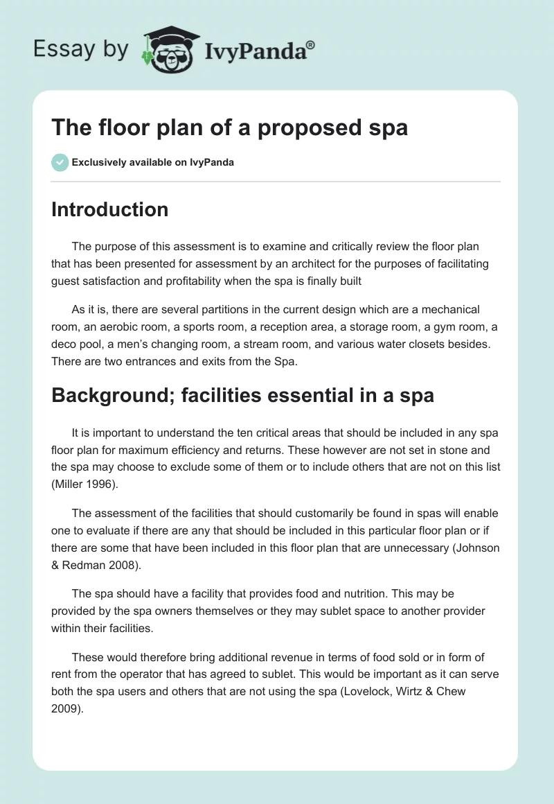 The floor plan of a proposed spa. Page 1
